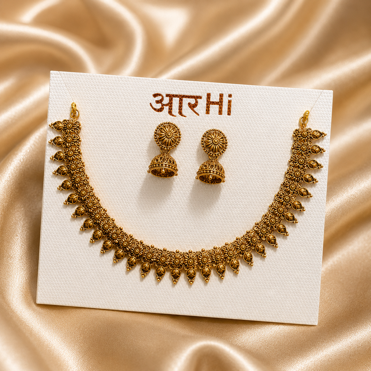 Traditional Gold Floral Necklace Set with Earrings