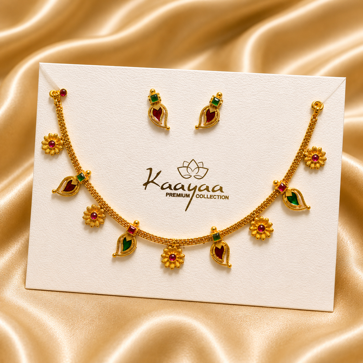 Ruby & Green Leaf Floral Necklace Set with Earrings