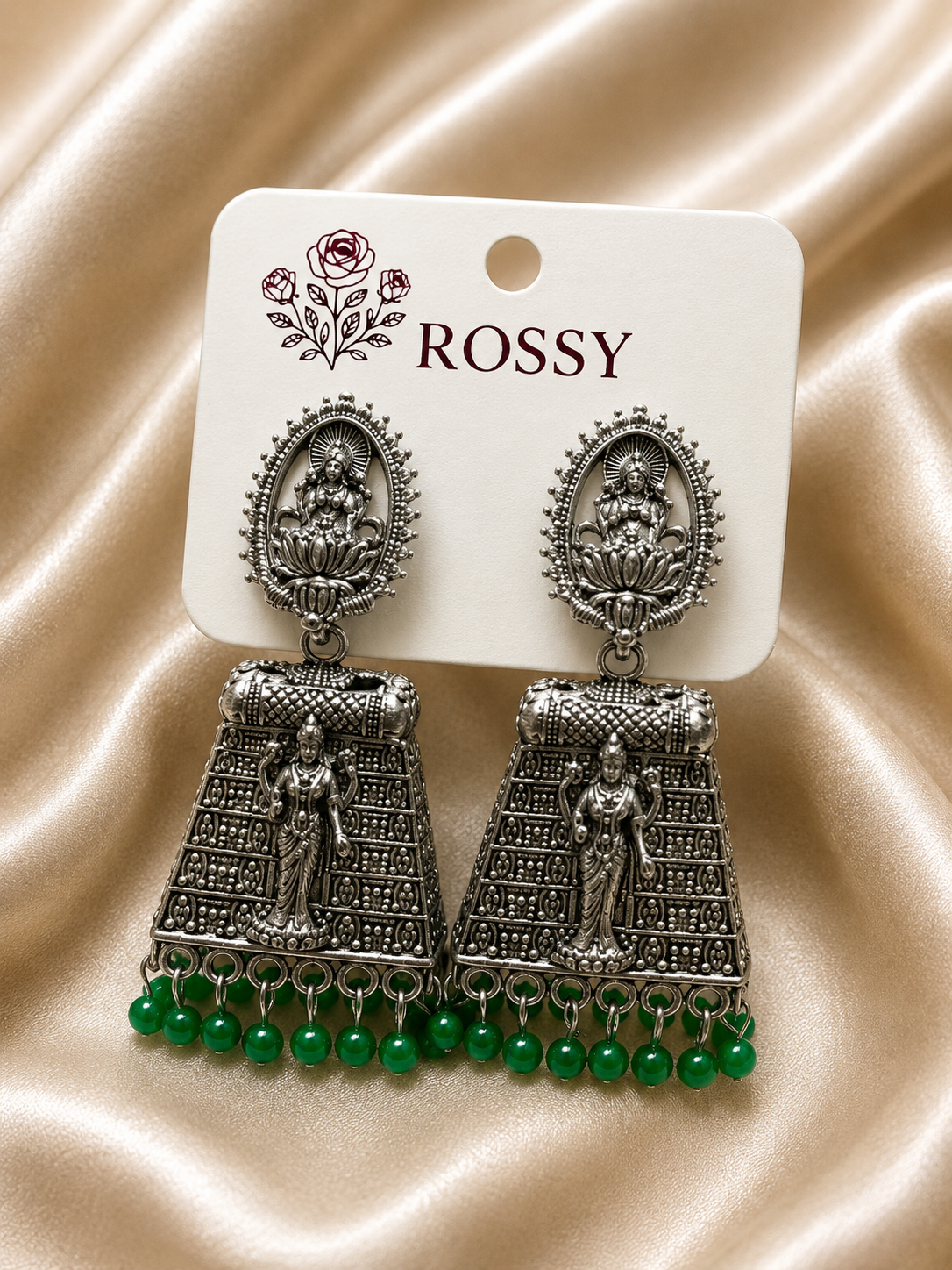 Oxidised Silver Temple Jhumka Earrings – Green Beads