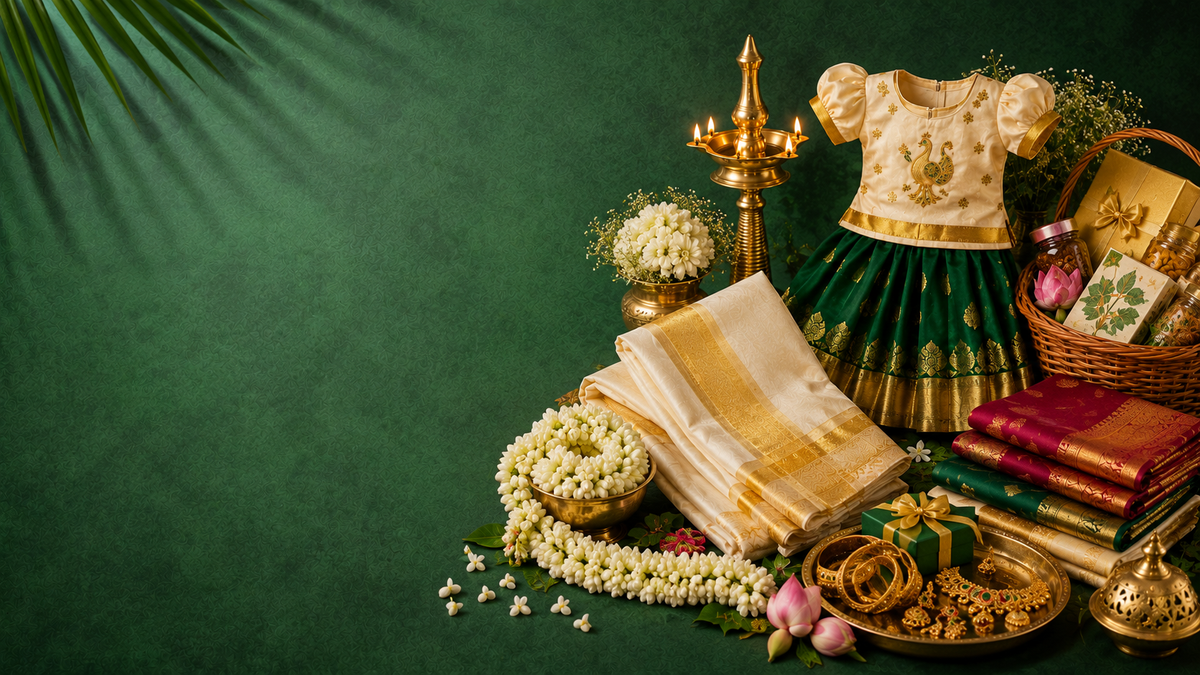 A styled flat-lay of traditional Indian festive items on a dark green background, including a cream and gold embroidered dress, folded white and gold fabric, white flowers, gold jewelry, books, and decorative accessories.