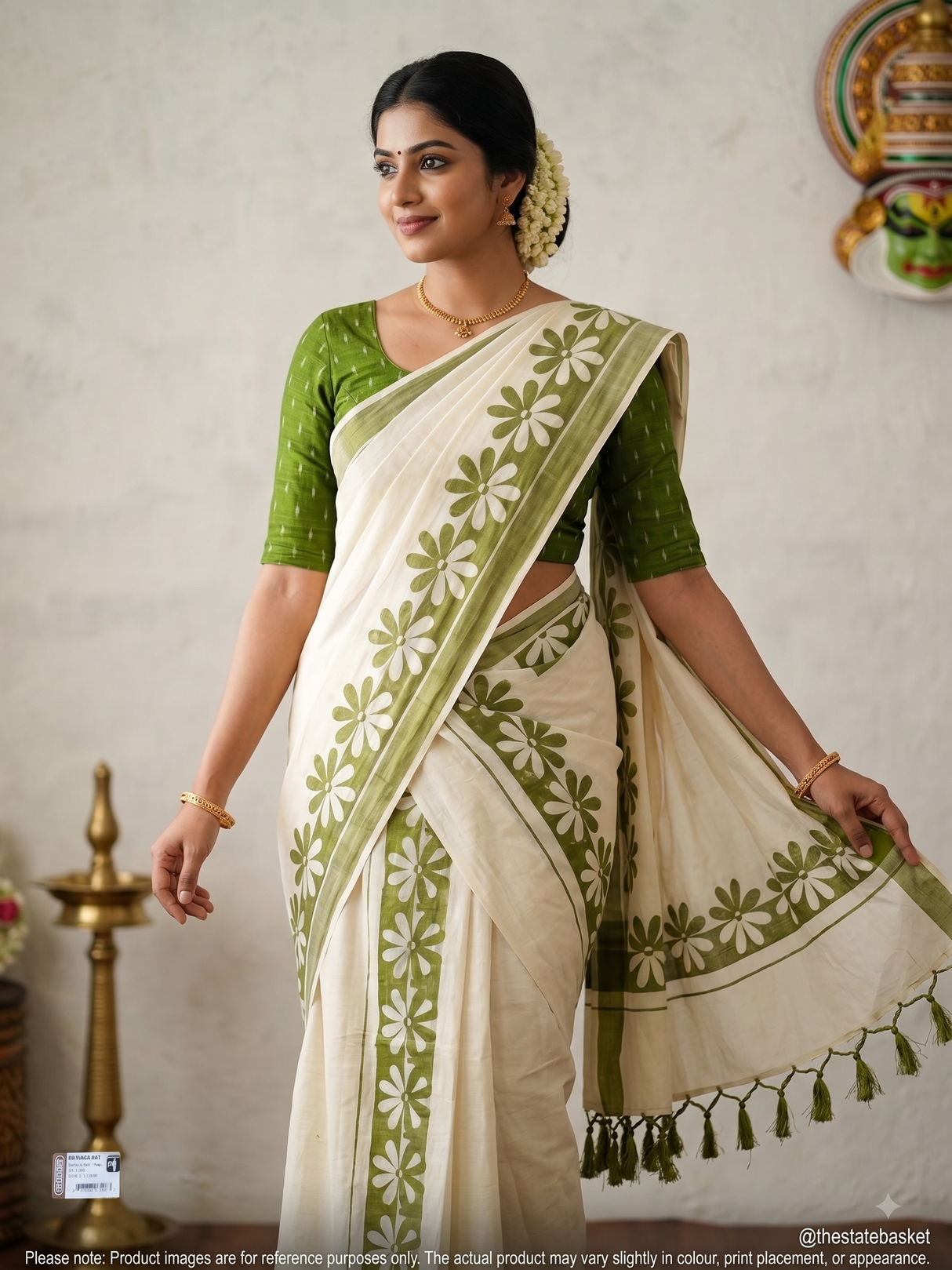 Kerala Cotton Set Mundu with Green Floral Design & Blouse Piece