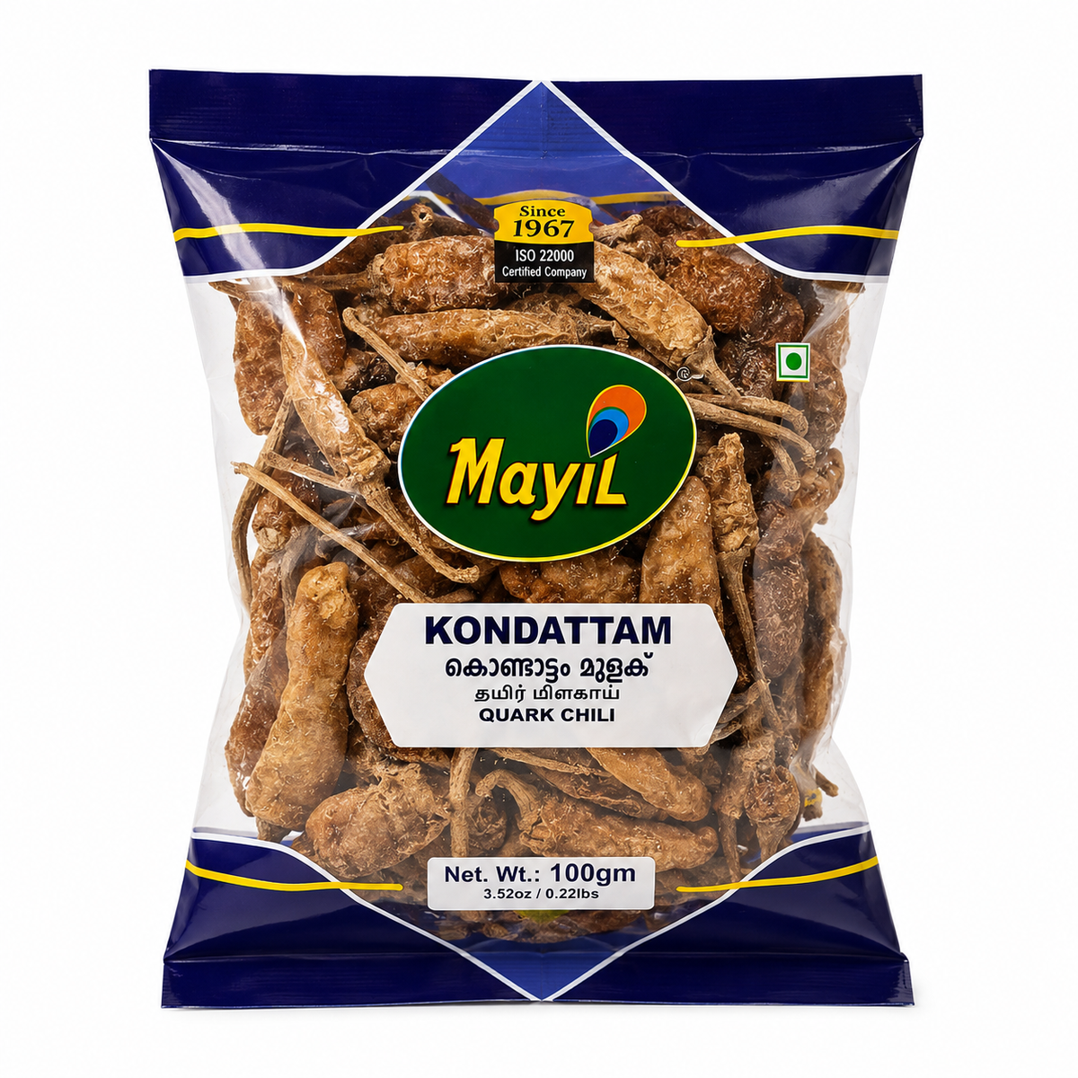 A 100g bag of MayiL Kondattam (Quark Chili) snack pieces, showing the brown chili peppers visible through a clear window in the navy blue packaging.