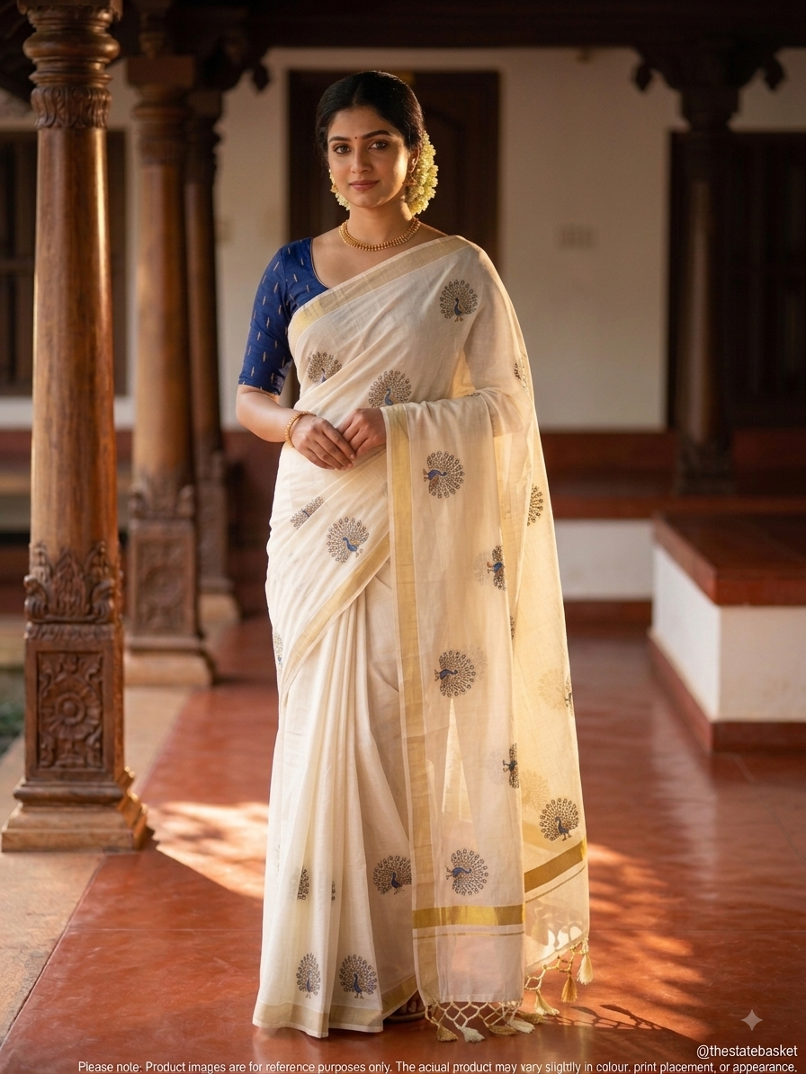 Peacock Print Saree with Matching Blouse Piece