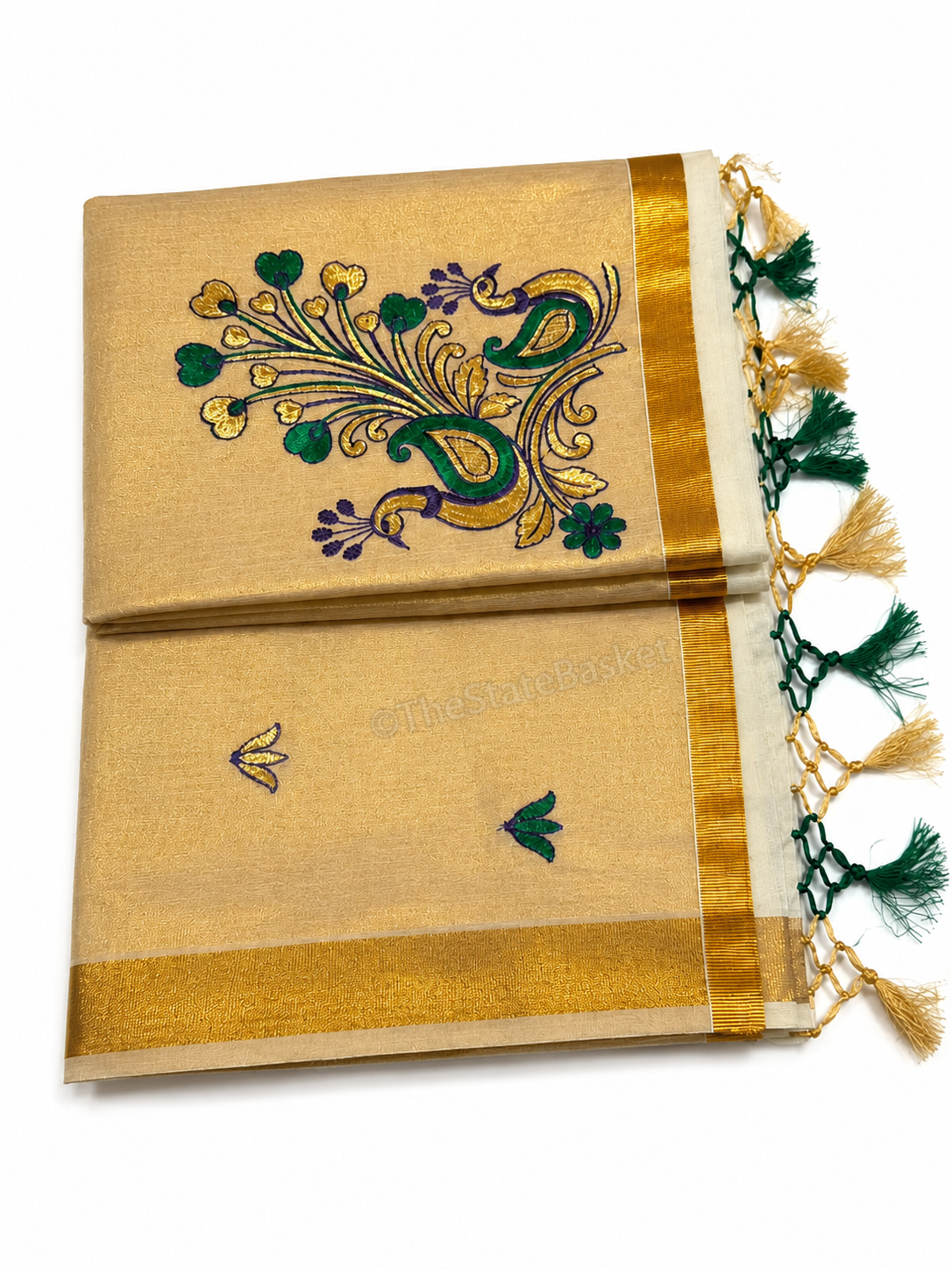 Embroidered Kerala Saree – Golden Beige