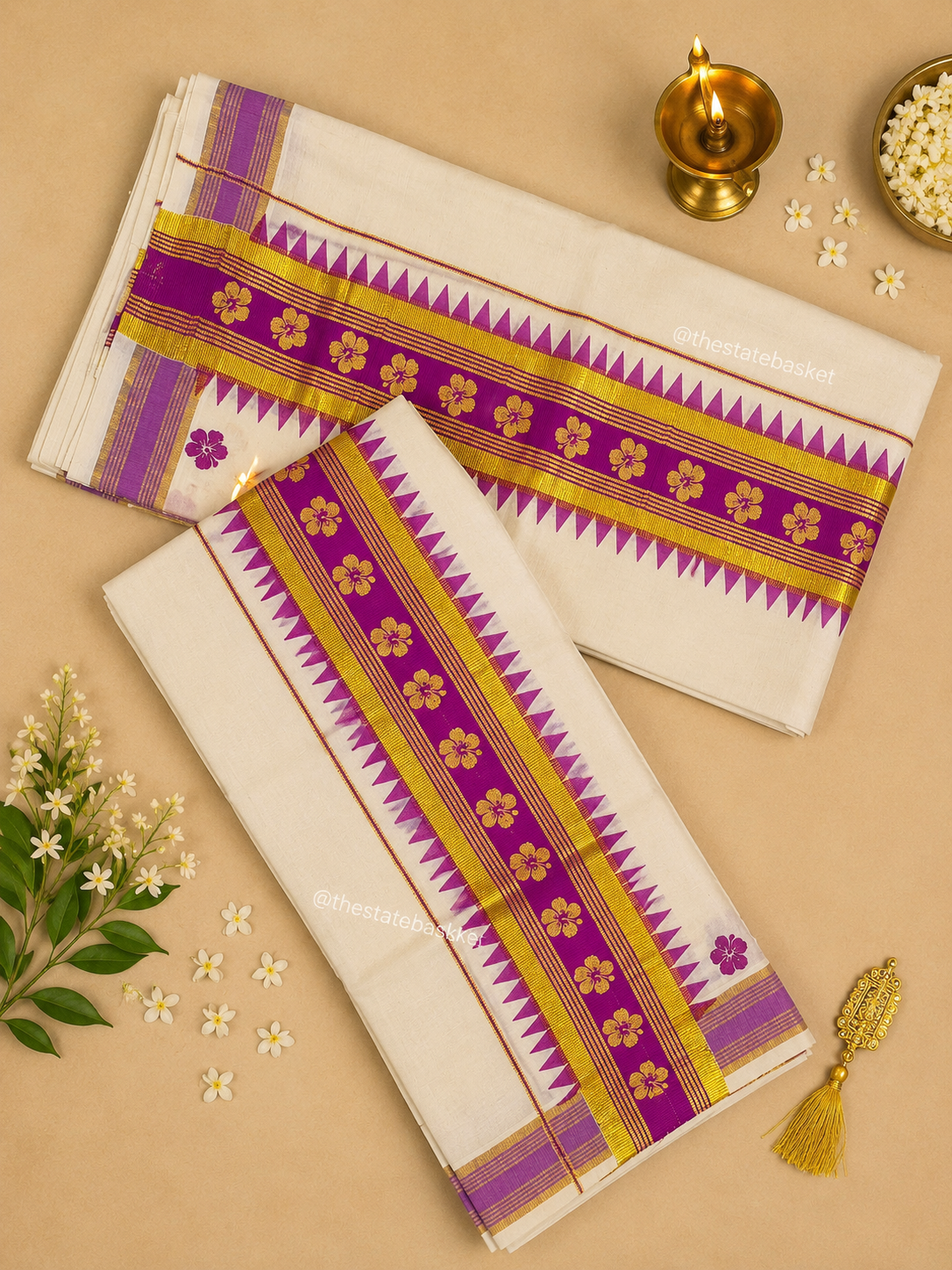 Purple & Magenta Floral Kasavu Set Mundu – Traditional Kerala Design