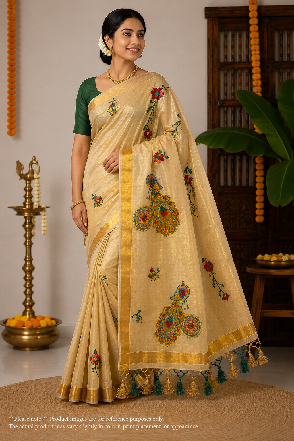 Peacock Embroidered Kerala Saree – Golden Beige