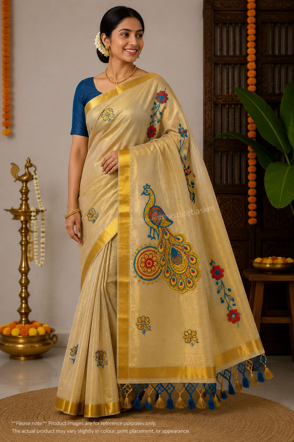 Peacock Embroidered Kerala Saree – Golden Beige with Blue Tassels