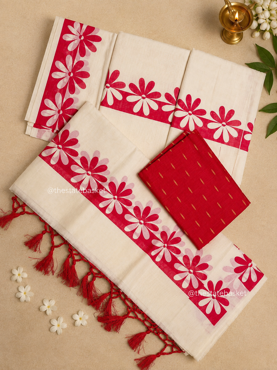 Kerala Set Mundu with Red Floral Design & Blouse Piece