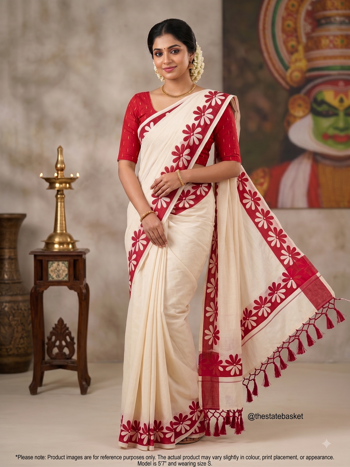 Kerala Set Mundu with Red Floral Design & Blouse Piece