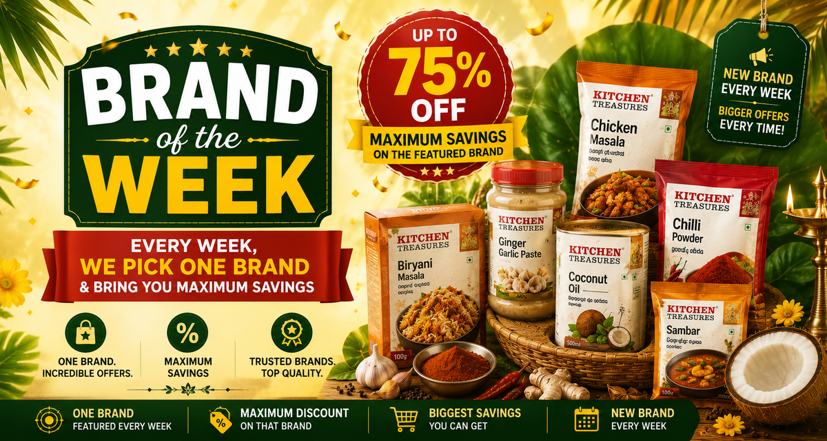A promotional collage for Kitchen Treasures featuring multiple packaged food products including ginger masala paste, coconut oil, sambar, chili powder, and chicken masala, surrounded by tropical leaves and bold marketing text offering up to 75% off.
