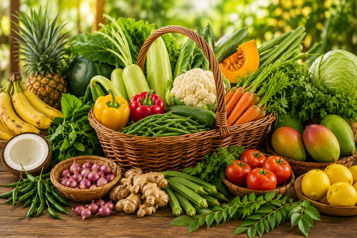 A large wicker basket filled with fresh vegetables, surrounded by more produce including bananas, mangoes, tomatoes, ginger, and leafy greens on a wooden table with a blurred garden background.