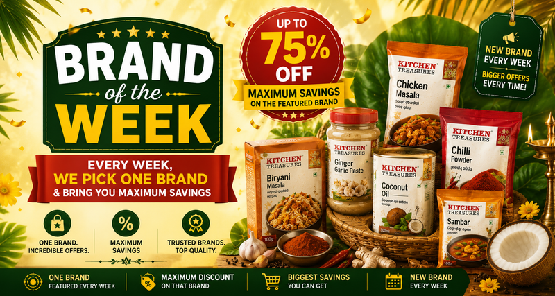 A promotional collage for Kitchen Treasures featuring multiple packaged food products including ginger masala paste, coconut oil, sambar, chili powder, and chicken masala, surrounded by tropical leaves and bold marketing text offering up to 75% off.