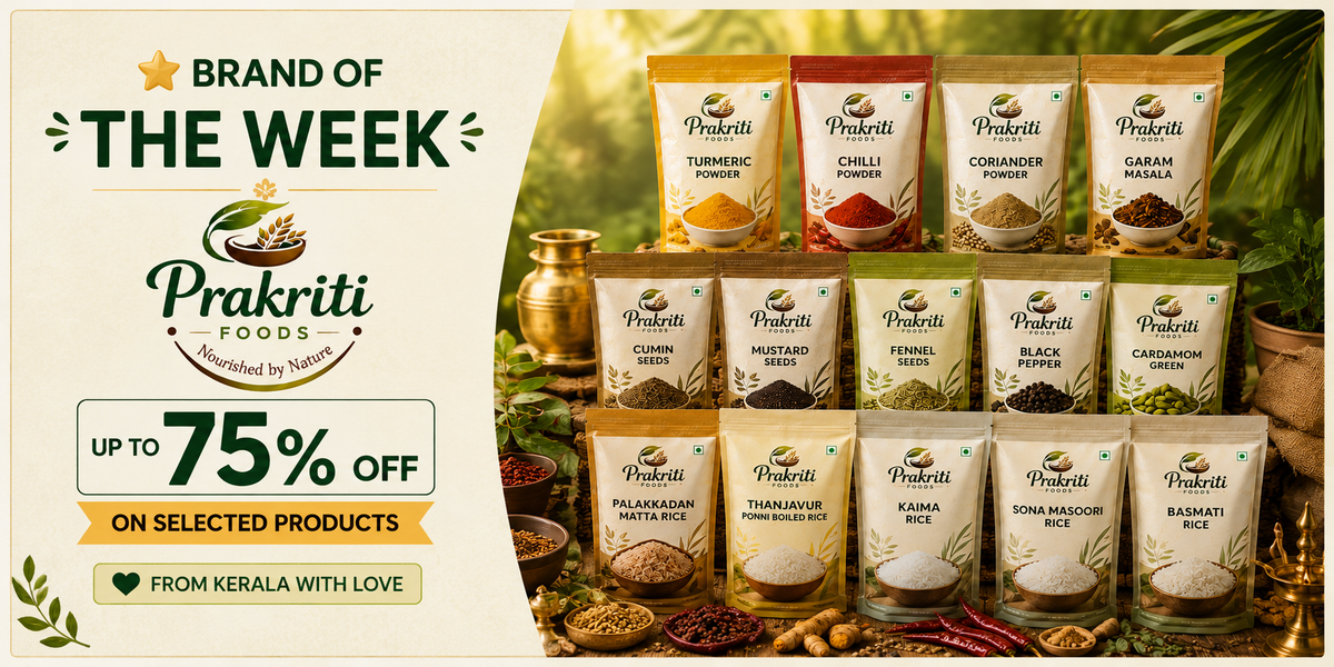 Promotional banner for Prakriti Foods featuring multiple packaged spices and rice products arranged on a styled set with herbs, spices, and a brass pot. The left side includes large marketing text reading 'Brand of the Week,' 'Up to 75% off,' and 'On Selected Products.