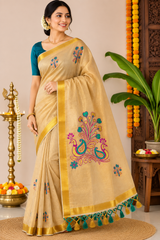 Peacock Embroidered Kerala Saree – Golden Beige with Teal & Magenta