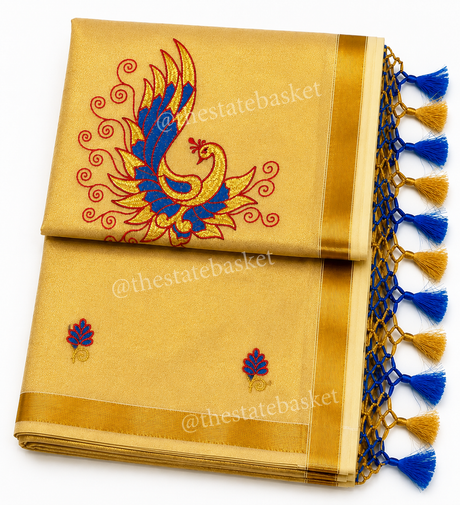 Gold Peacock Embroidery Saree with Blue Tassels