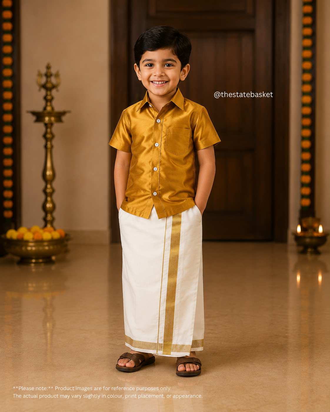 Kids Kerala Mundu with Velcro – Traditional White & Gold
