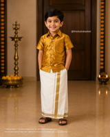 Kids Kerala Mundu with Velcro – Traditional White & Gold
