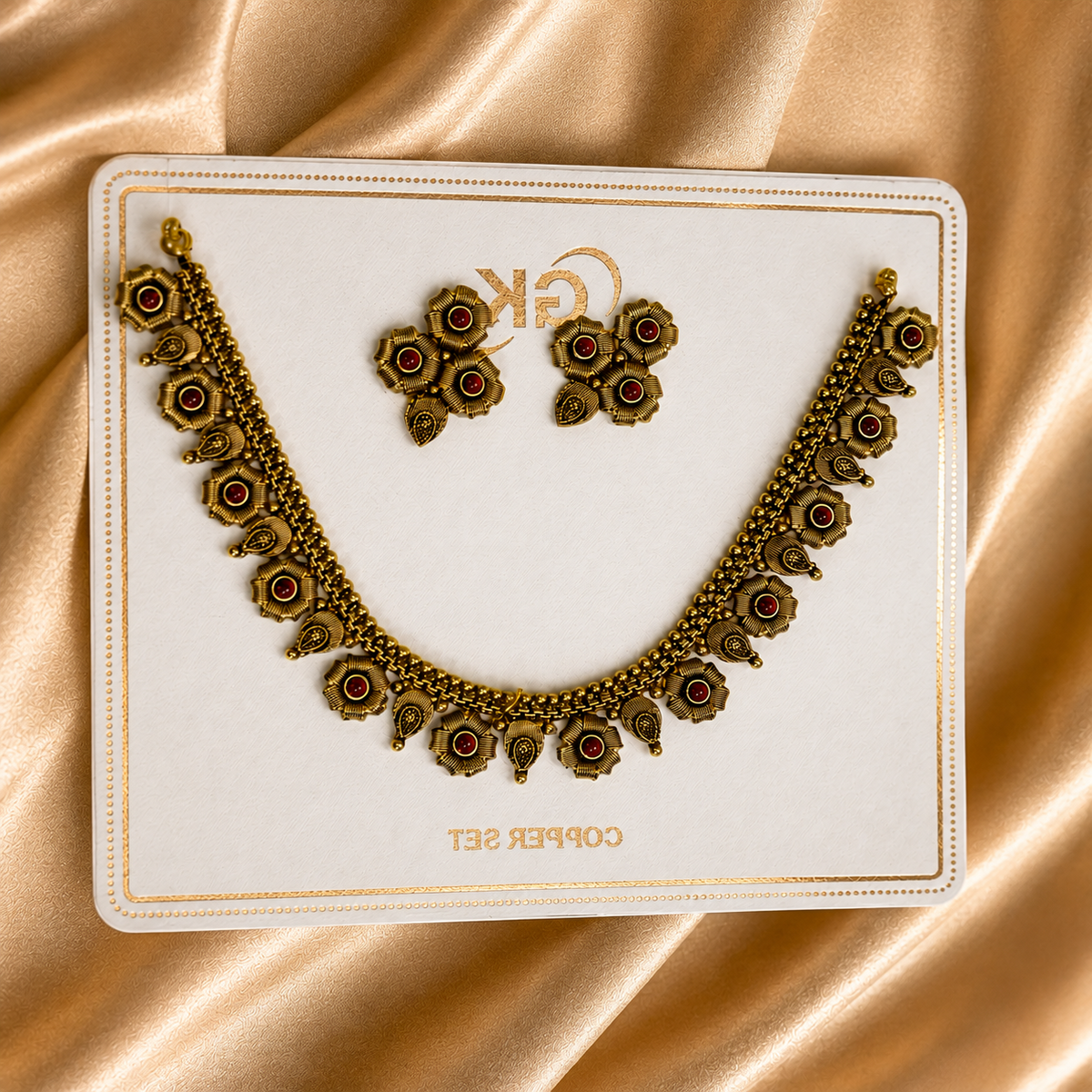 Antique Gold Floral Choker Necklace Set with Red Stones