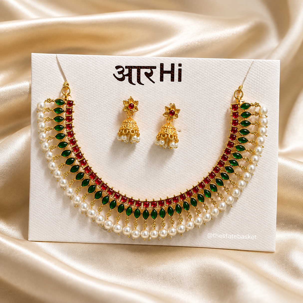 Green & Ruby Pearl Necklace Set with Jhumka Earrings