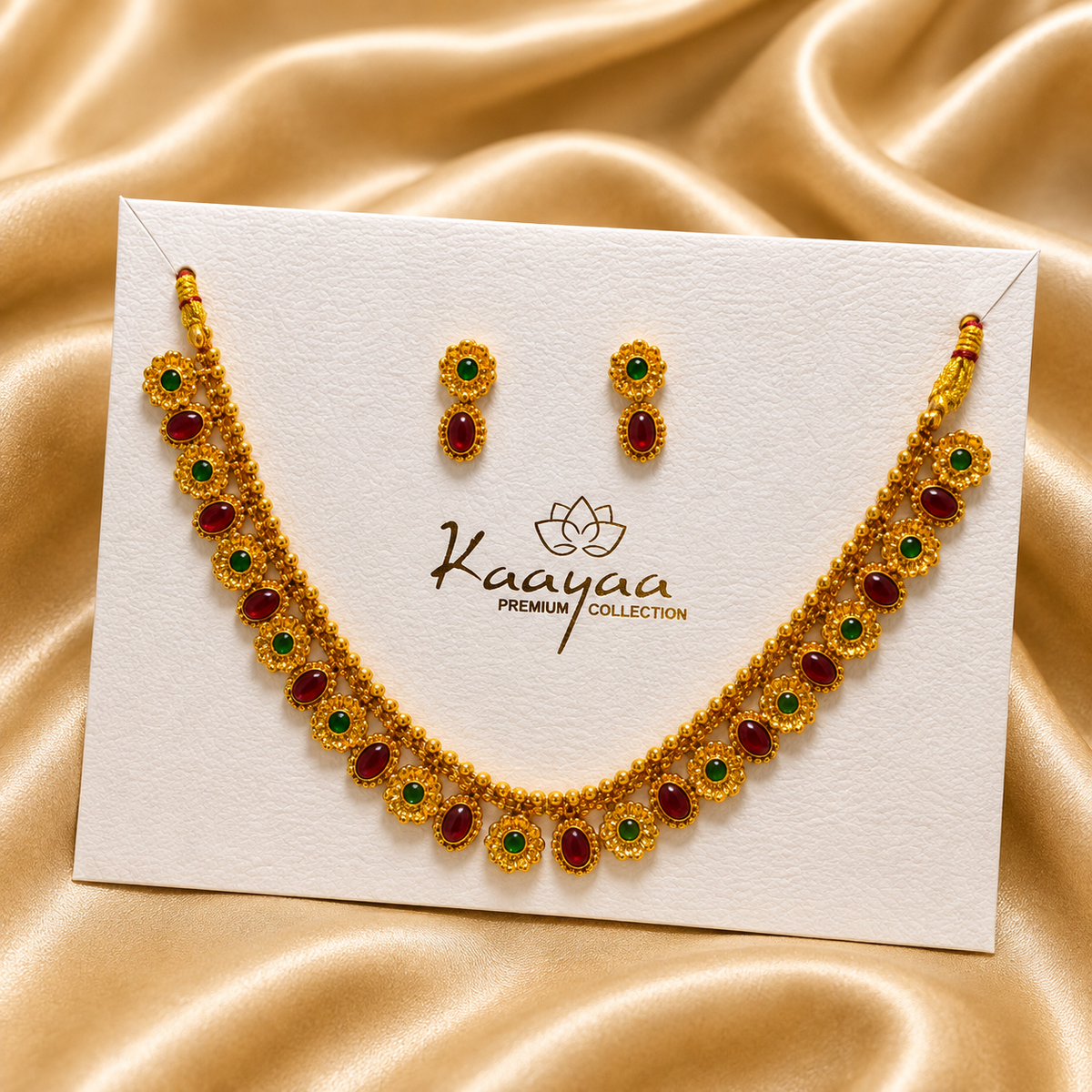 Ruby & Green Traditional Gold Necklace Set with Earrings