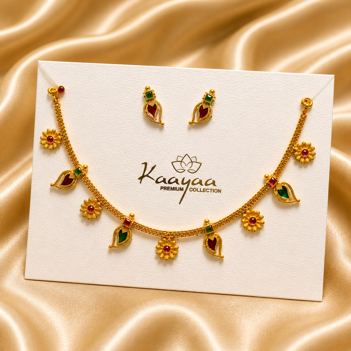 Ruby & Green Leaf Floral Necklace Set with Earrings