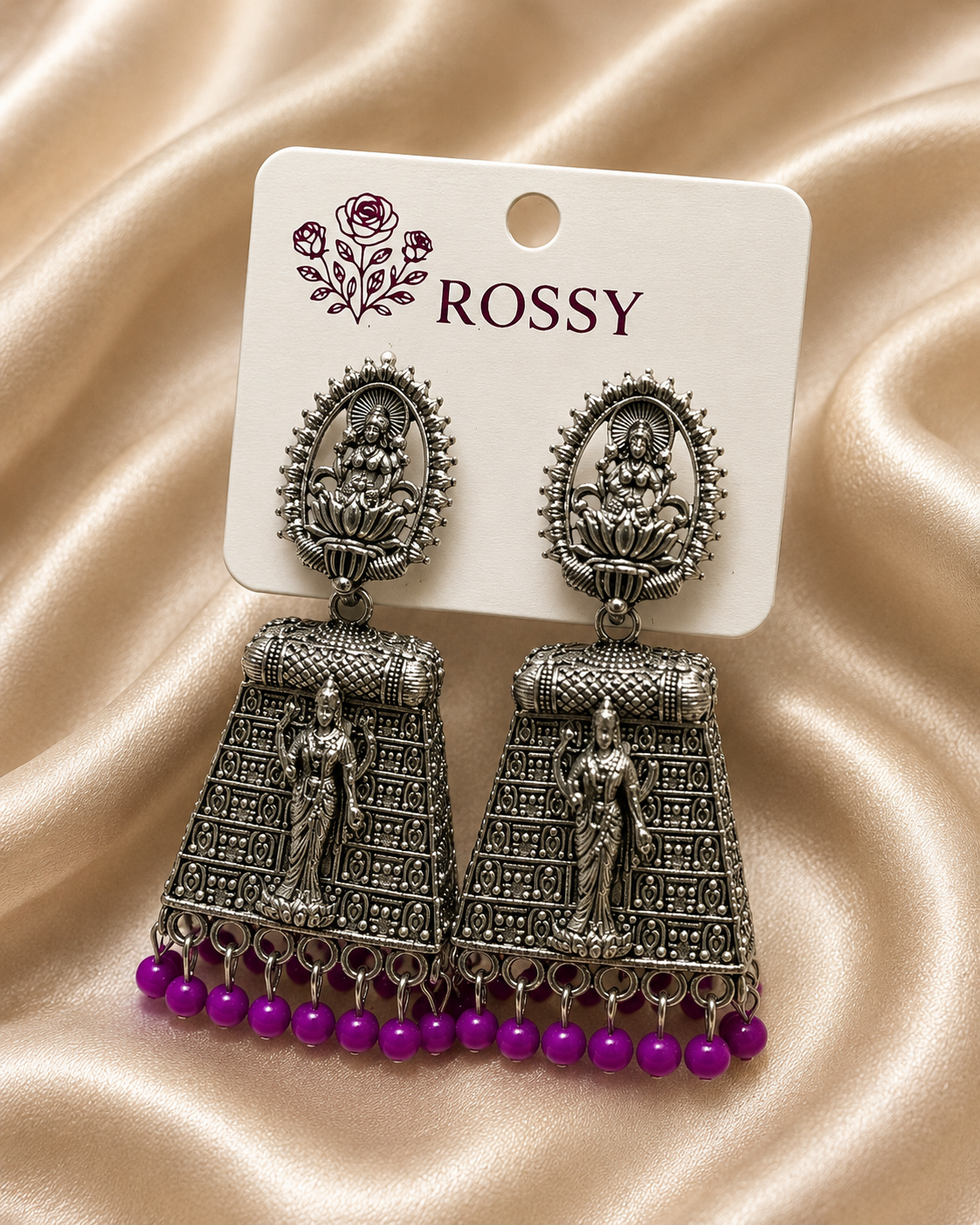 Oxidised Silver Temple Jhumka Earrings – Purple Beads