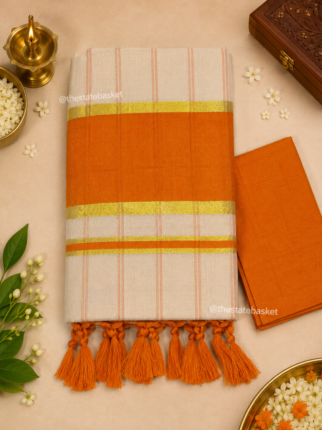 Orange Kasavu Saree with Golden Border & Matching Blouse Piece