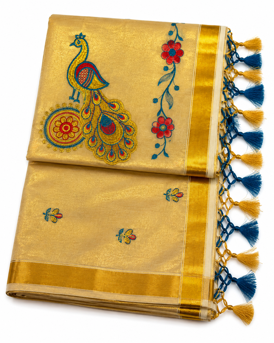 Peacock Embroidered Kerala Saree – Golden Beige with Blue Tassels