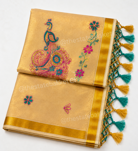 Peacock Embroidered Kerala Saree – Golden Beige with Teal & Magenta