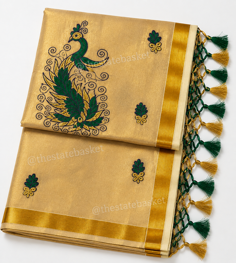 Royal Peacock Embroidered Kerala Saree