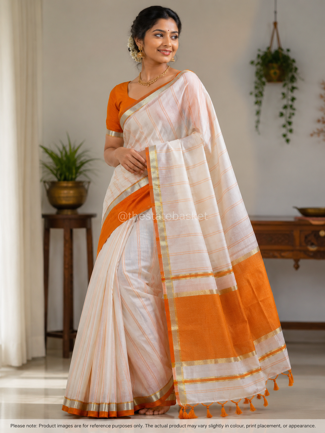 Orange Kasavu Saree with Golden Border & Matching Blouse Piece