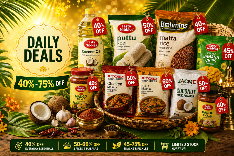 A promotional collage showing multiple packaged food and grocery items arranged together on a table with tropical leaves, coconuts, spices, and brass lamps. Large sale text reads 'DAILY DEALS' and '40%-75% OFF', with individual packages showing discounts such as 40% off, 50% off, and 60% off.