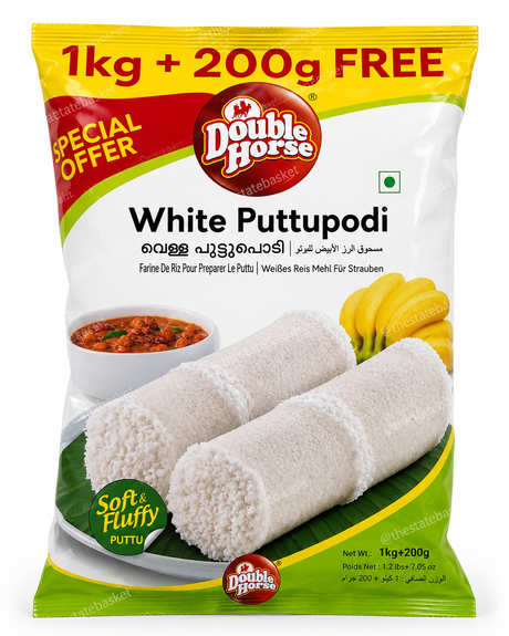 A package of Double Horse White Puttapodi, featuring a 1kg bag with a 200g free offer.