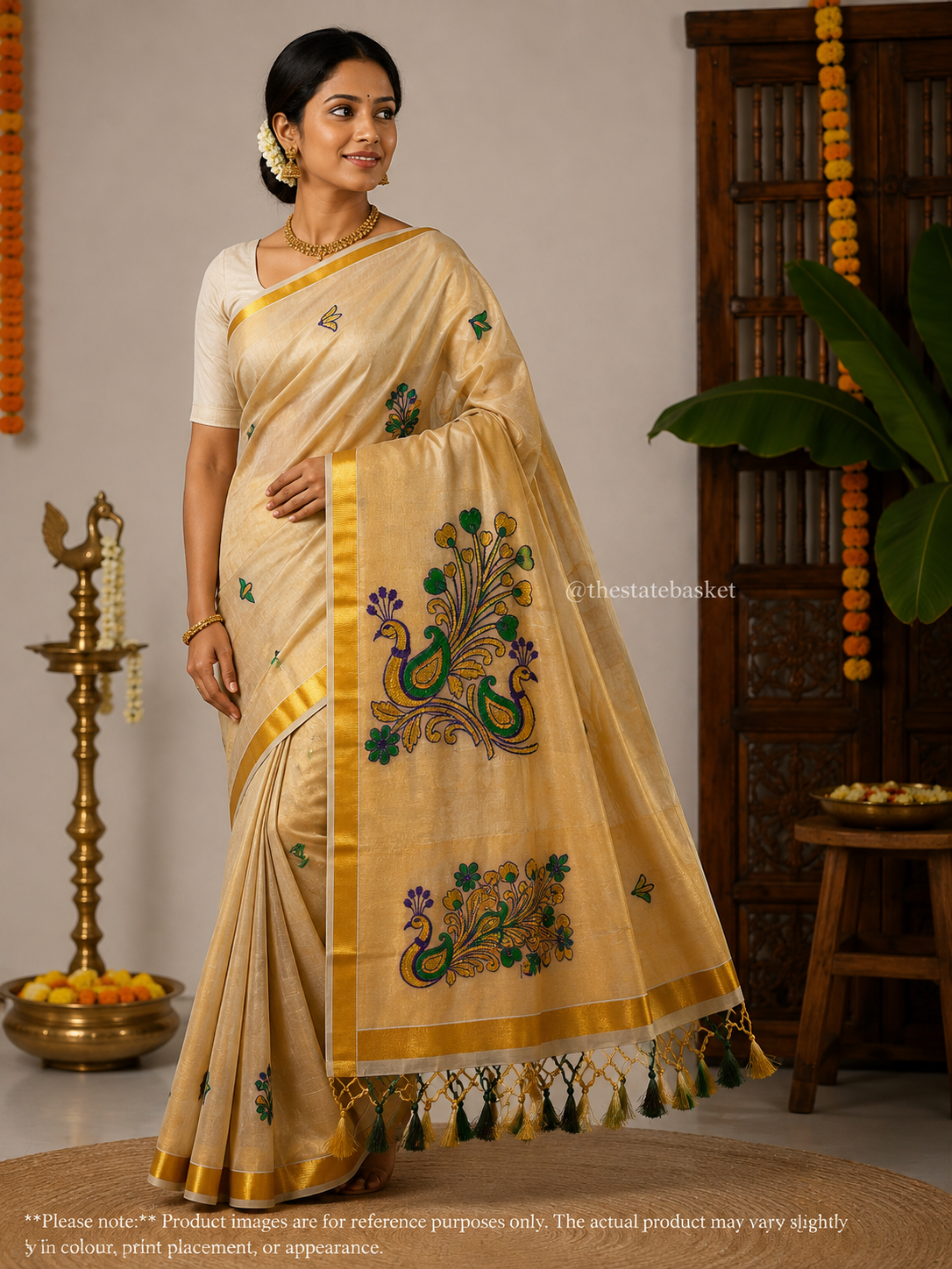 Embroidered Kerala Saree – Golden Beige