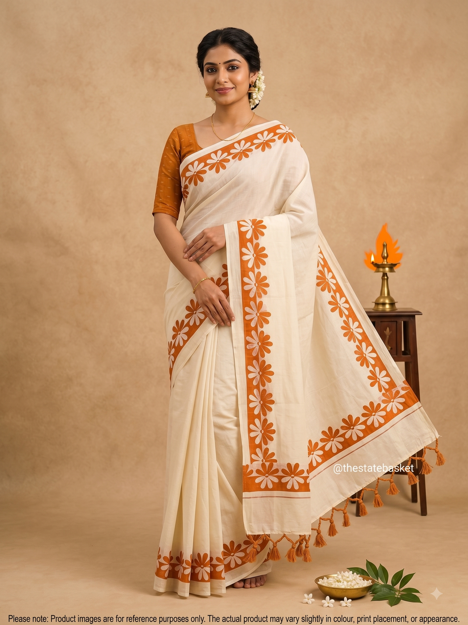 Kerala Set Mundu with Orange Floral Design & Blouse Piece