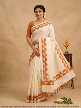 Kerala Set Mundu with Orange Floral Design & Blouse Piece