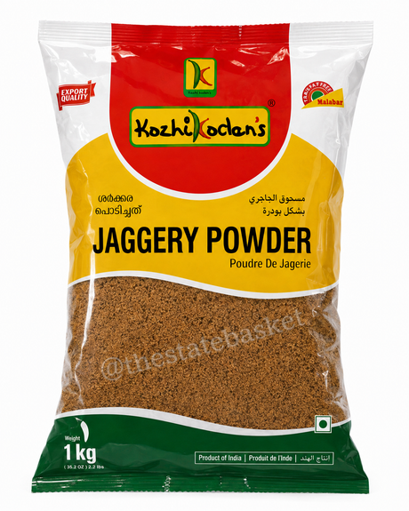 A 1 kg bag of Kozhi Odys Jaggery Powder, 