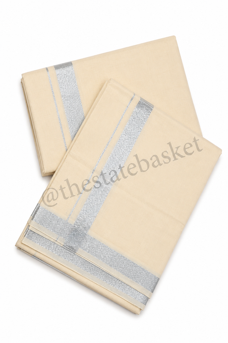 MCR White Silver Border Double Mundu