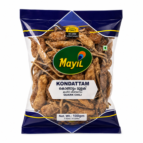 A 100g bag of MayiL Kondattam (Quark Chili) snack pieces, showing the brown chili peppers visible through a clear window in the navy blue packaging.