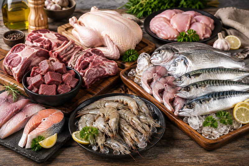 A styled food spread of raw seafood and meats on a rustic wooden table, including whole raw chicken, mackerel and other fish fillets on ice, shrimp, beef cubes, lamb chops, salmon fillets, and garnishes like garlic, lemon slices, parsley, and olive oil.