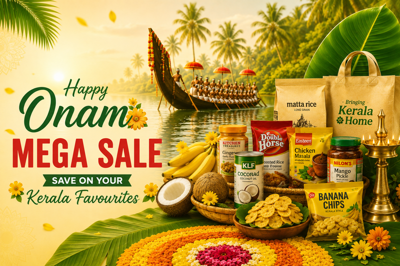 A promotional collage for an Onam mega sale featuring Kerala favourites snacks and food items arranged in front of a tropical waterway scene with a houseboat, palm trees, and large green leaves. Visible products include bags of matta rice, banana chips, chicken mix, mango pickle, KLP coconut, and other packaged snacks, alongside text reading 'Happy Onam MEGA SALE' and 'SAVE ON YOUR Kerala Favourites'.