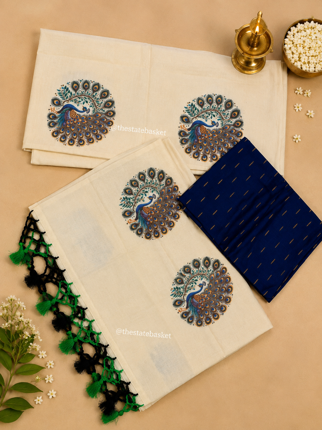 Peacock Print Saree with Matching Blouse Piece