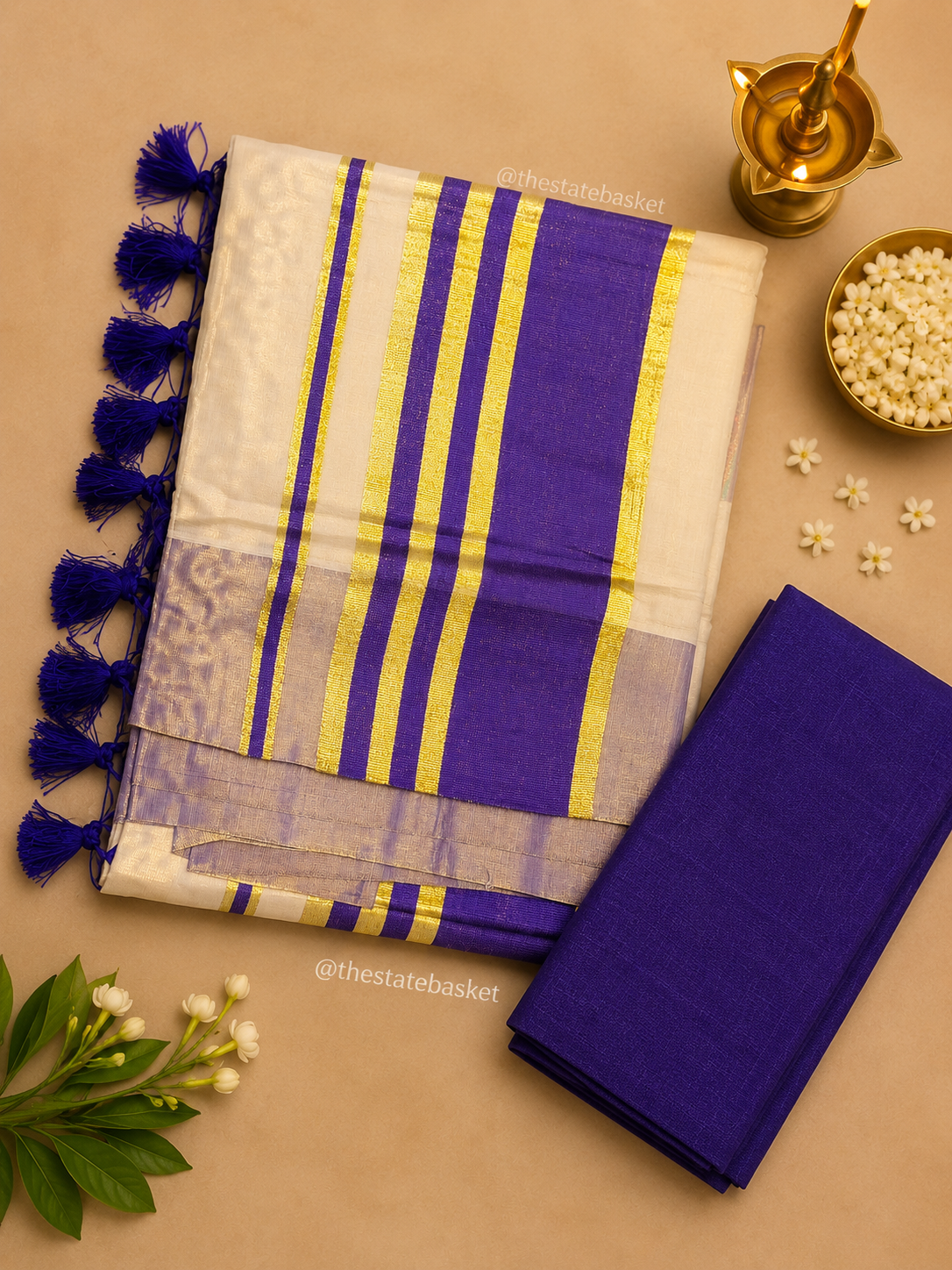 Purple & Gold Kasavu Saree with Matching Blouse Piece