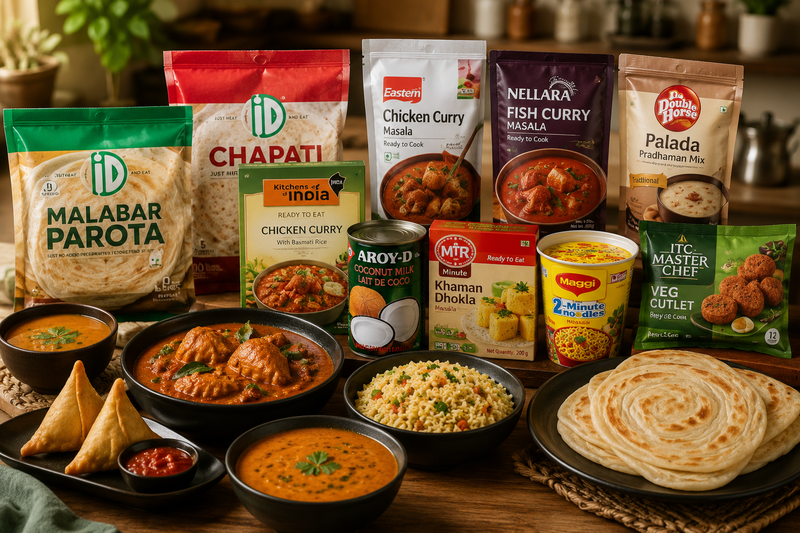 A styled spread of Indian food products and prepared dishes arranged on a wooden table, including packaged chapati, malabar parota, chicken curry, fish curry, palada, ardy coconut milk, shaman dhokla, veg cutlet, and bowls of curry and samosas.
