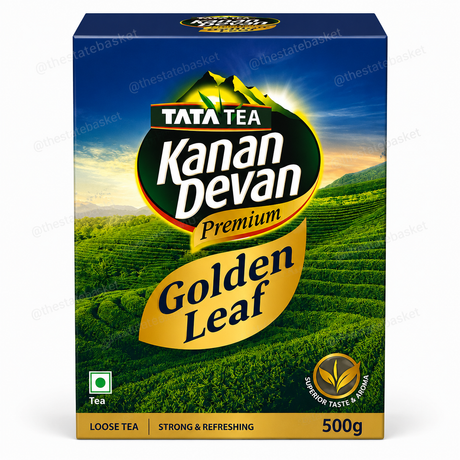 A 500g box of Tata Tea Kanan Devan Premium Golden Leaf Loose Tea.