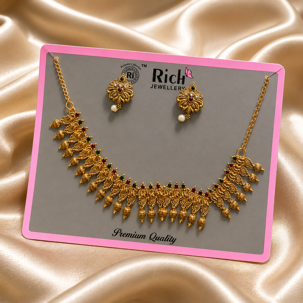 Traditional Gold Leaf Necklace Set with Earrings