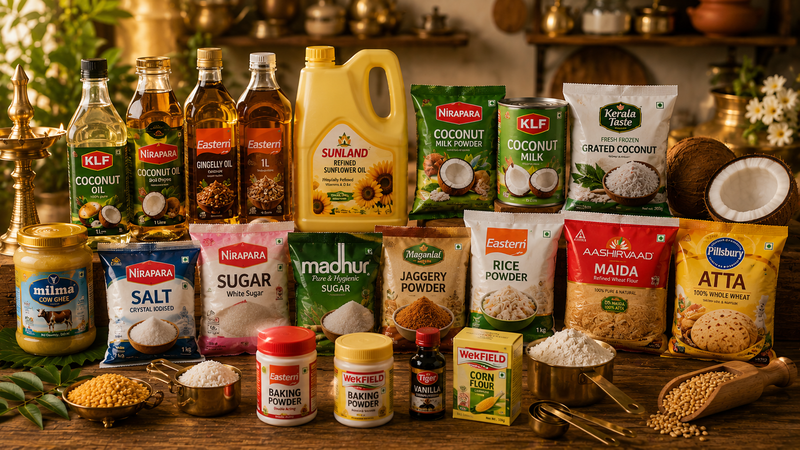 A styled product display of various Indian cooking ingredients and oils arranged on a wooden table with decorative brass utensils and spices. Visible brands include KLF, Sunland, Nipara, Madhur, Eastern, Akbari, and Winfield.