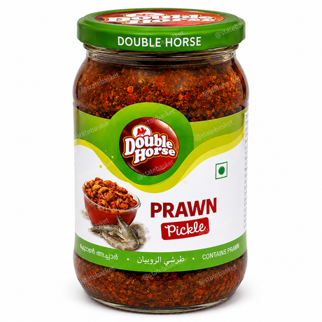A glass jar of Double Horse Prawn Pickle with a green lid and a white and green label, set against a plain white background.
