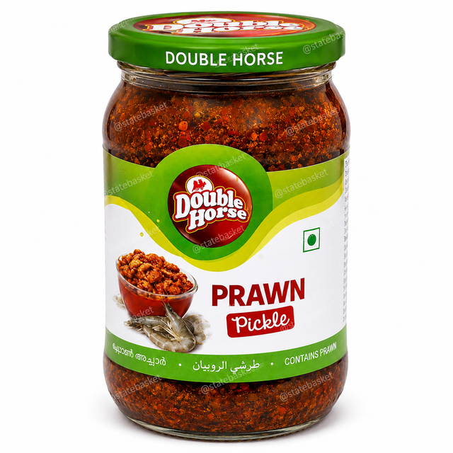 A glass jar of Double Horse Prawn Pickle with a green lid and a white and green label, set against a plain white background.