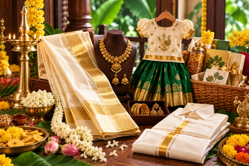A styled arrangement of traditional Indian formal wear and accessories on a wooden table, including a cream and gold kurta set on a hanger, folded cream and gold fabric pieces, a gold necklace on a bust, and decorative props like brass lamps, flowers, and a basket.